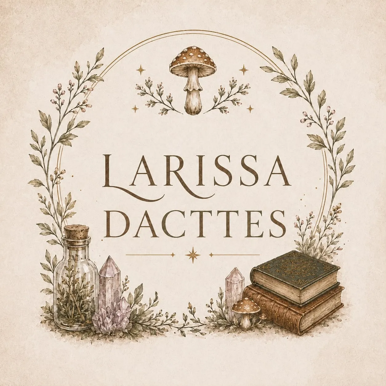 Selo ilustrado de O Bosque de Larissa: folhagens, cristais, cogumelos e livros antigos em aquarela, envolvendo o nome Larissa Dacttes